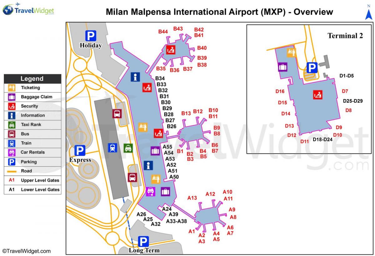 карта Мілана аэрапортаў і чыгуначных вакзалаў