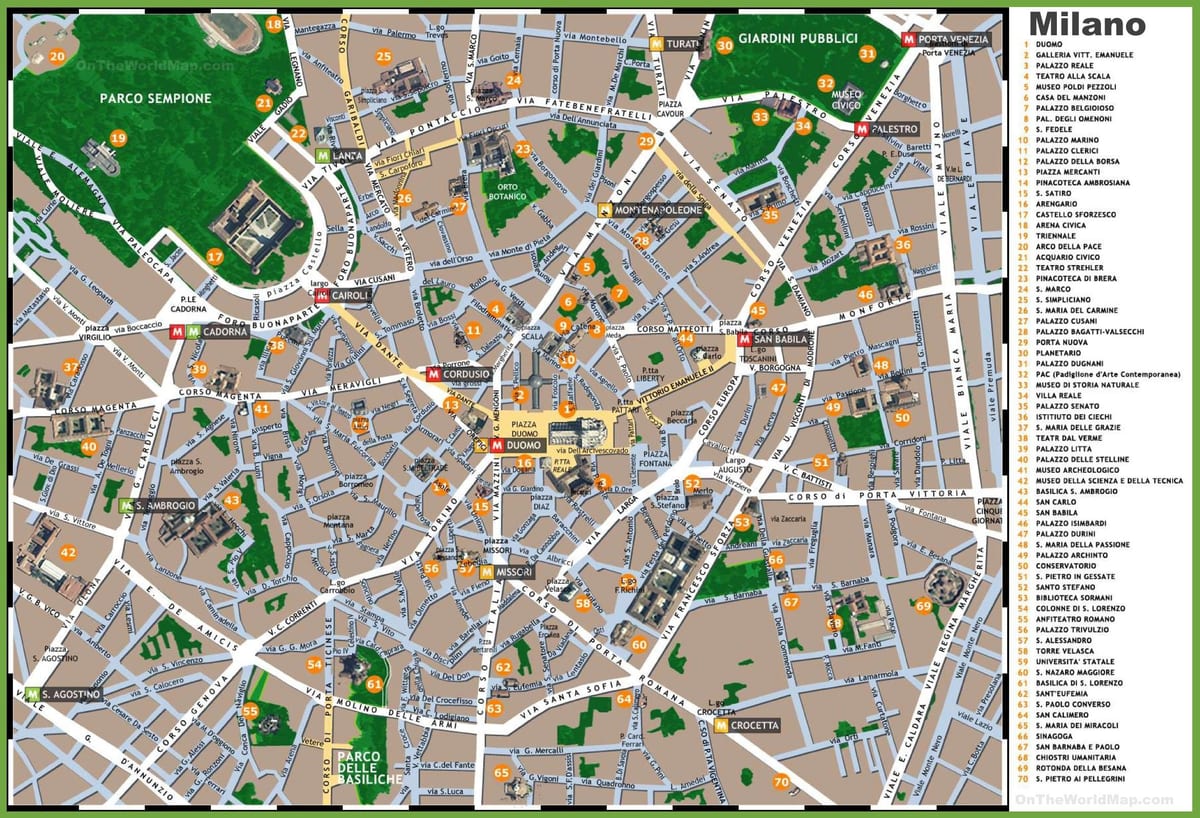 славутасці Мілана на карце
