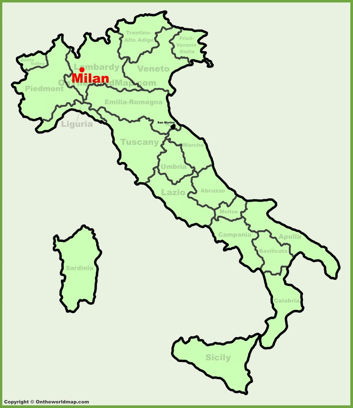 карта Італіі паказвае Мілан