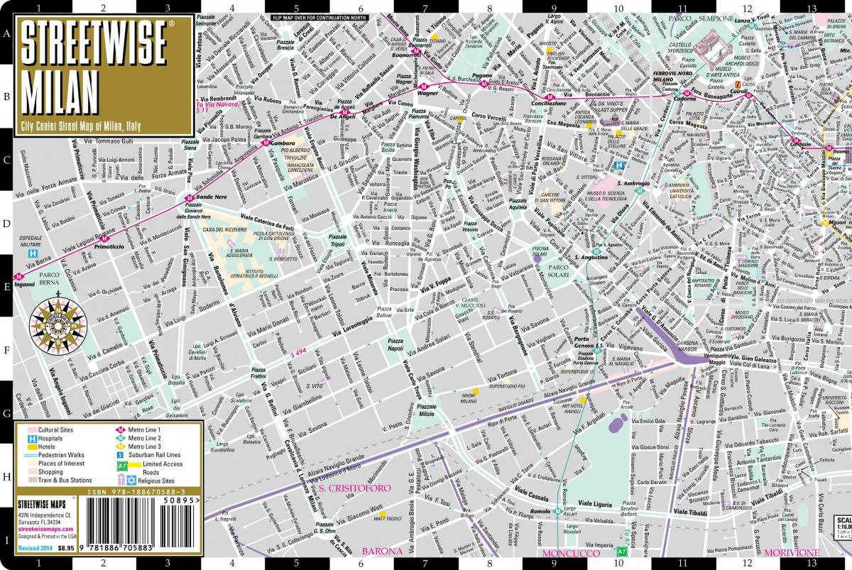 карта вуліц цэнтра горада Мілан 